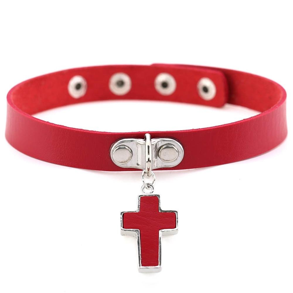 Red leather gothic choker collar for women, featuring a stylish cross and zinc rivets, perfect for concerts and edgy outfits.