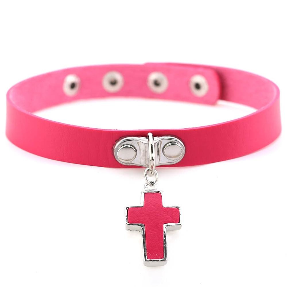 Pink Gothic leather choker for women with silver cross charm, perfect for rock concerts and edgy fashion.