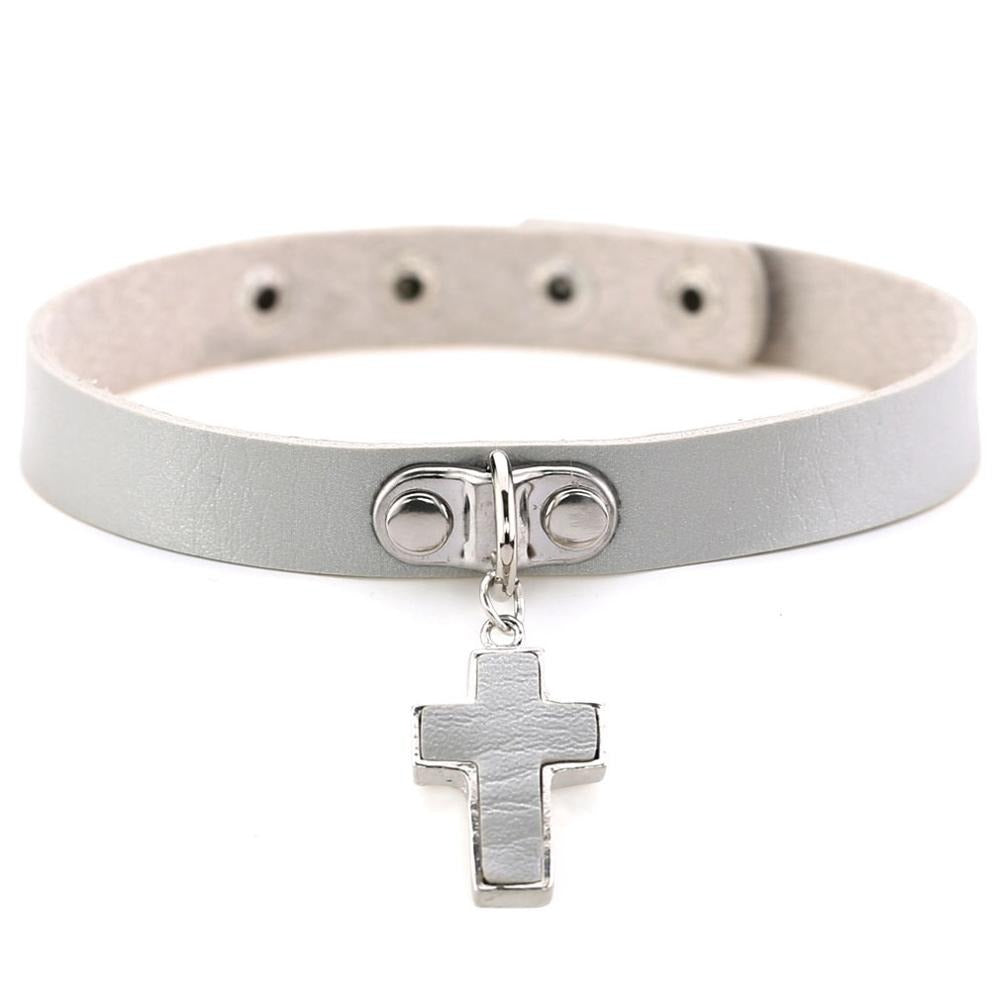 Silver leather choker collar for women featuring a cross pendant and snap closure, perfect for gothic and rock styles.