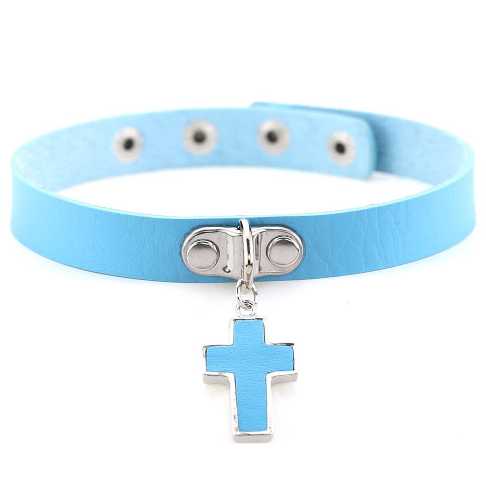 Blue Gothic Leather Choker for Women with Cross Charm and Zinc Rivets, Stylish Concert Accessory.