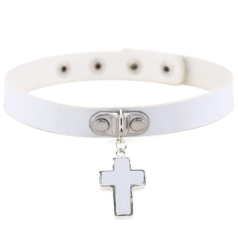 Stylish white leather choker for women with silver cross charm, perfect for gothic rock outfits and concerts.
