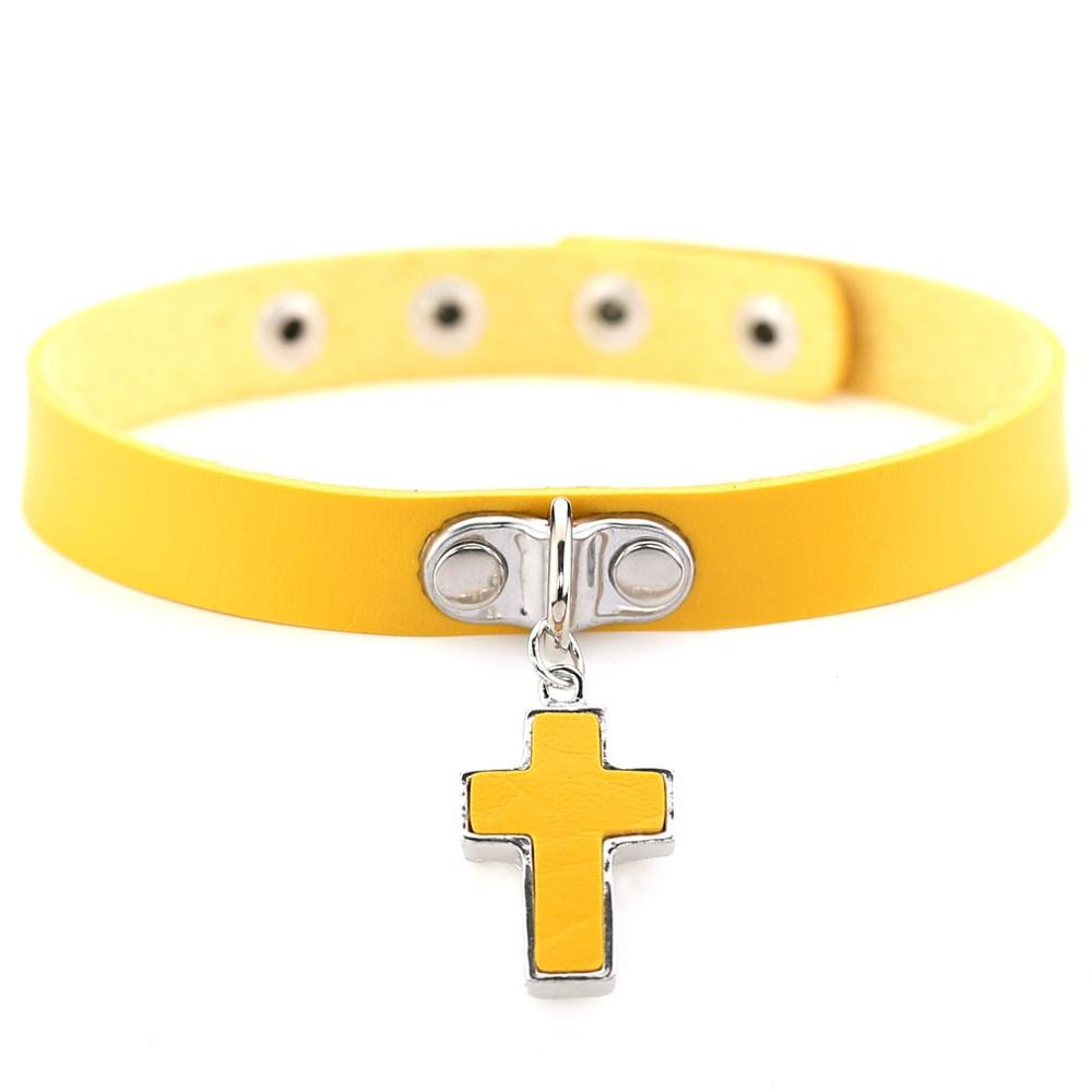 Yellow gothic leather choker collar for women with silver cross charm and zinc rivets, perfect for rock concert outfits.