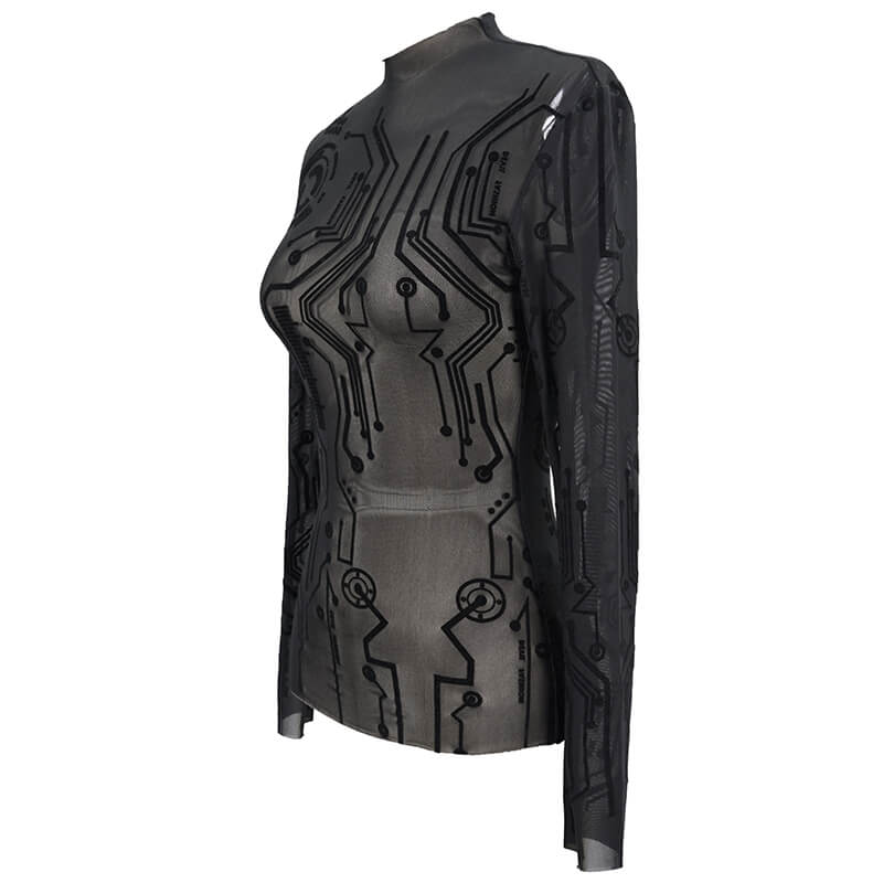Women's black cyberpunk long sleeve top featuring a futuristic circuit pattern and high neckline.