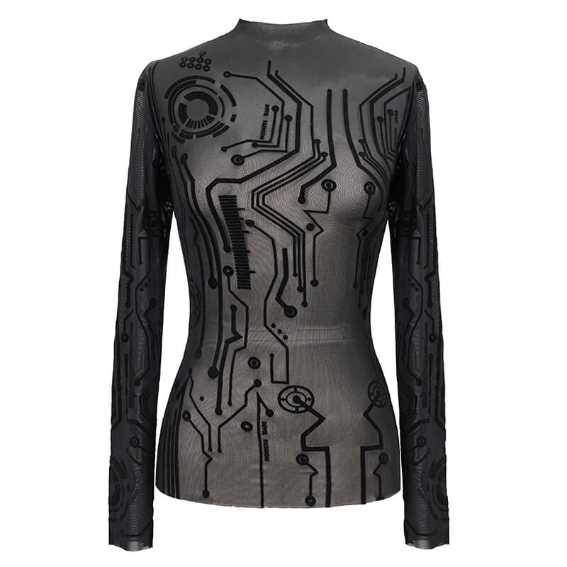 Black cyberpunk long sleeve top for women with futuristic circuit pattern, high neckline, fitted style.