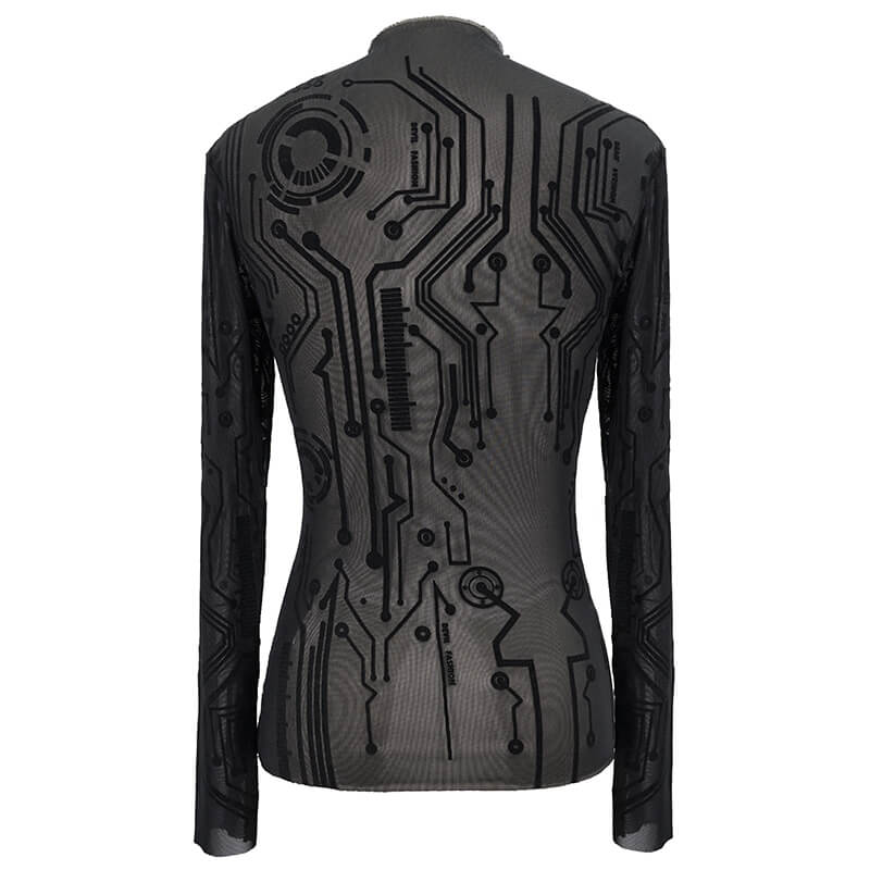 Back view of women's black long sleeve cyberpunk top featuring a futuristic circuit pattern.