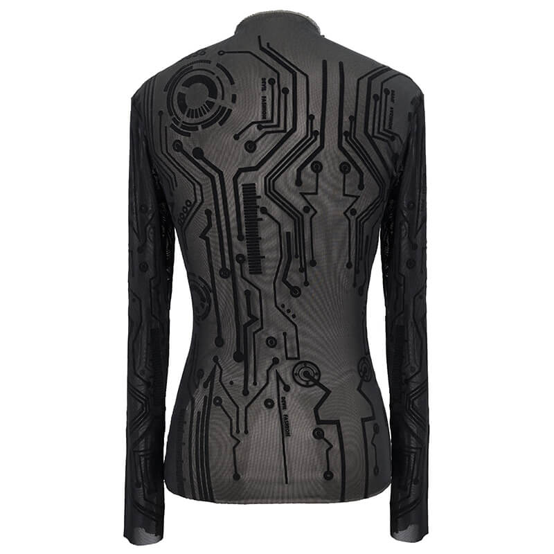 Black Cyberpunk Net Long Sleeve Top For Women / Sexy Ladies High Neckline Tops with Special Pattern - HARD'N'HEAVY