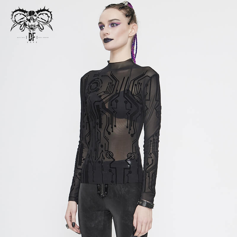 Black cyberpunk long sleeve top for women with futuristic print and high neckline, perfect for a trendy wardrobe.