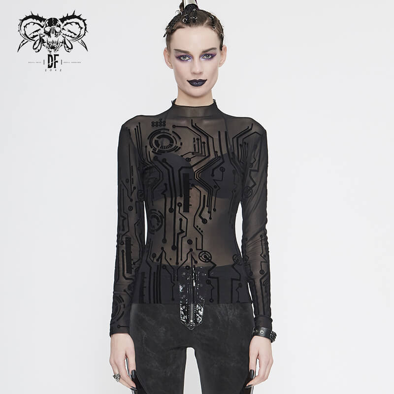Black cyberpunk long sleeve top for women with a futuristic print and high neckline, perfect for edgy fashion.