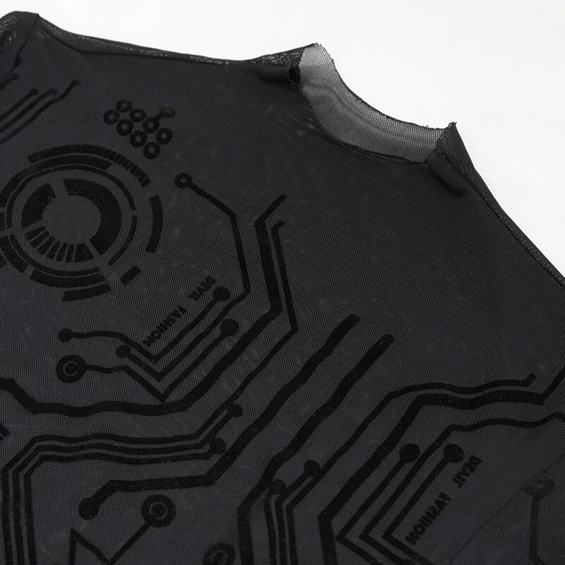 Close-up of a black cyberpunk long sleeve top with a futuristic circuit pattern, showcasing its unique design.