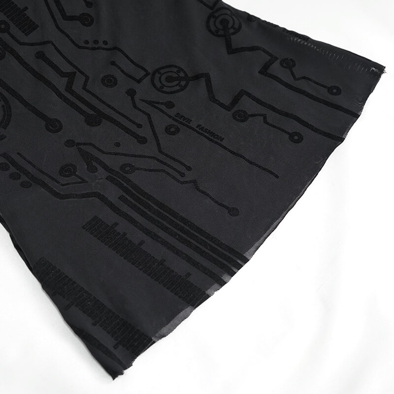 Close-up of black fabric featuring cyberpunk patterns, ideal for a trendy women's long sleeve top.
