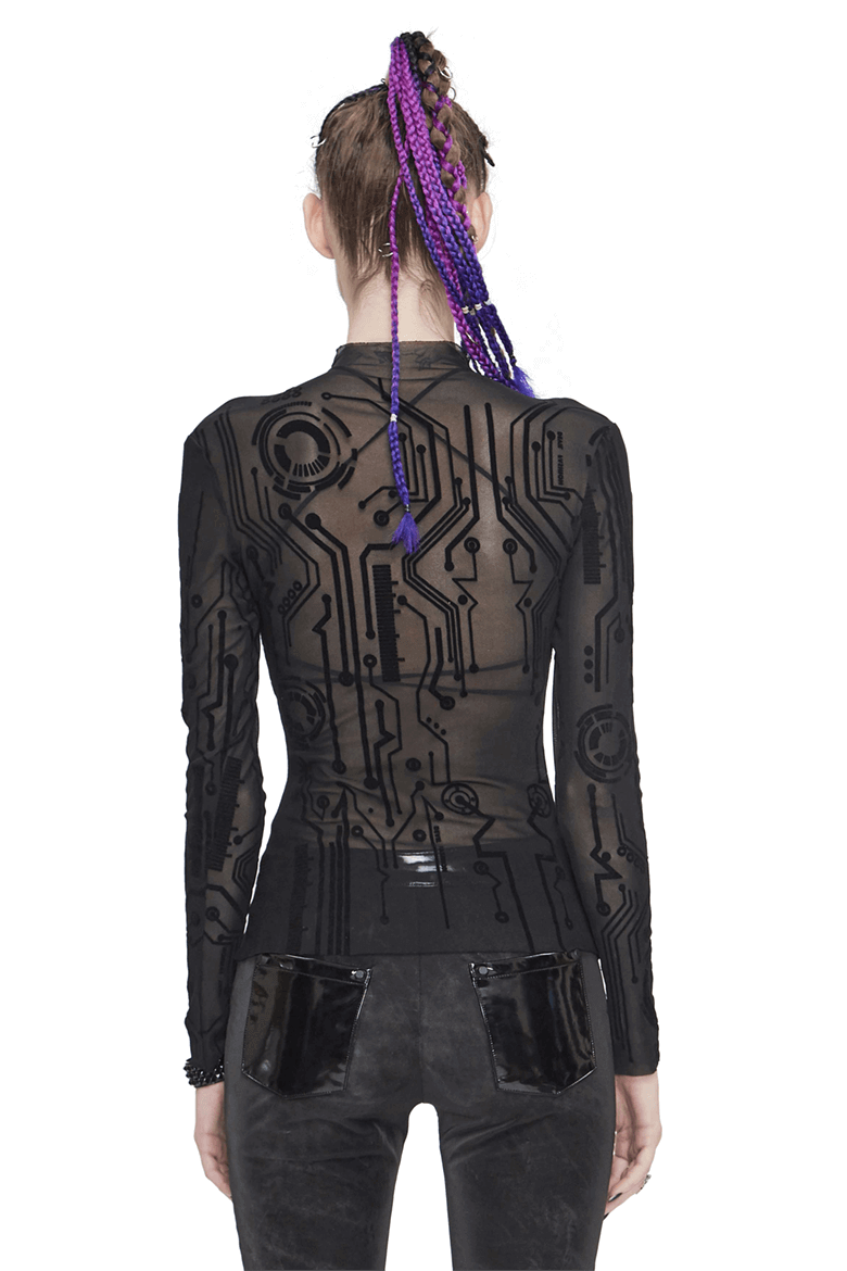 Black Cyberpunk Net Long Sleeve Top For Women / Sexy Ladies High Neckline Tops with Special Pattern - HARD'N'HEAVY