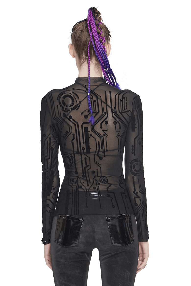 Back view of a women's black cyberpunk long sleeve top with futuristic pattern and high neckline.