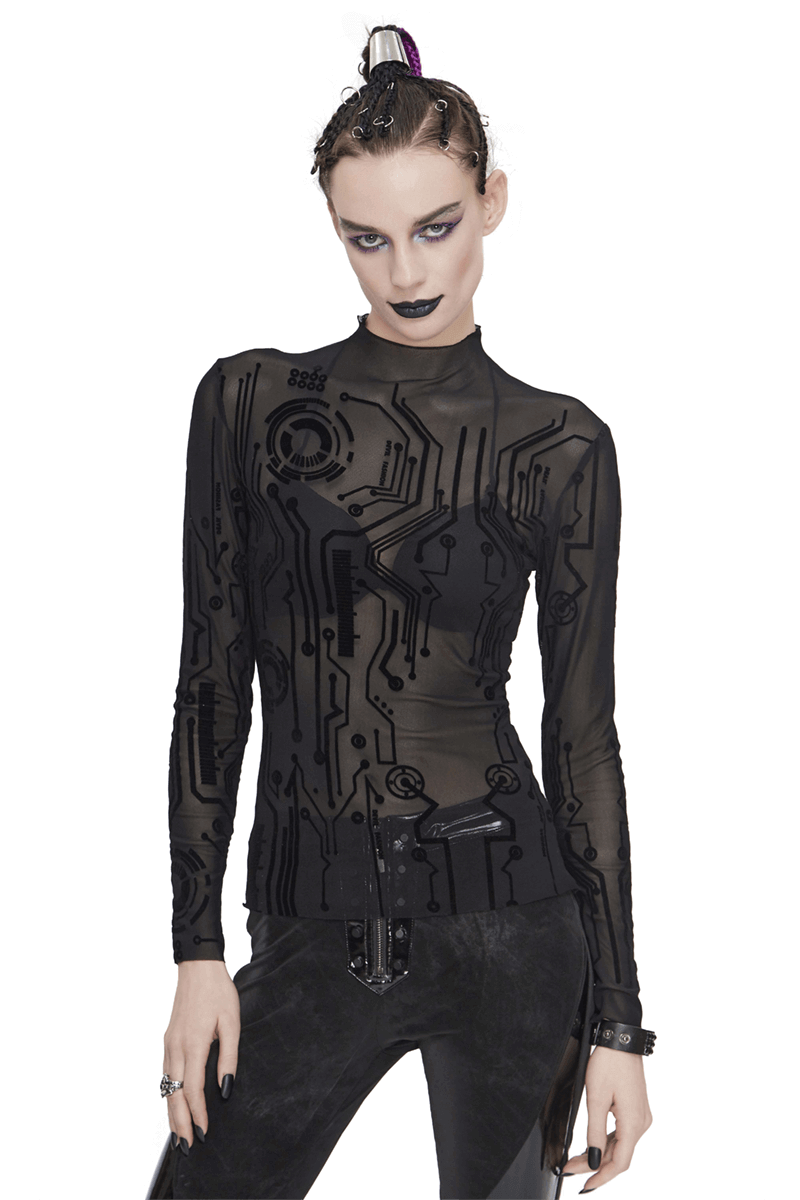 Black Cyberpunk Net Long Sleeve Top For Women / Sexy Ladies High Neckline Tops with Special Pattern - HARD'N'HEAVY