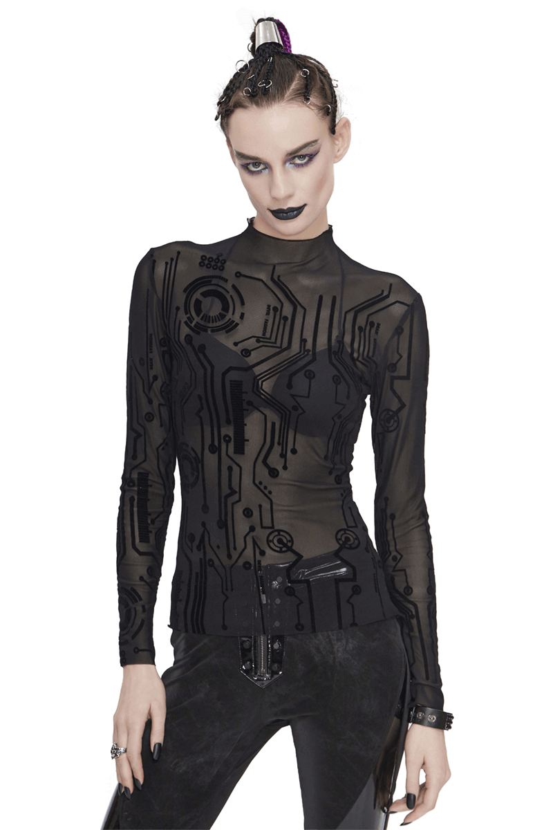 Black cyberpunk long sleeve top for women with futuristic print and high neckline, perfect for a trendy wardrobe.