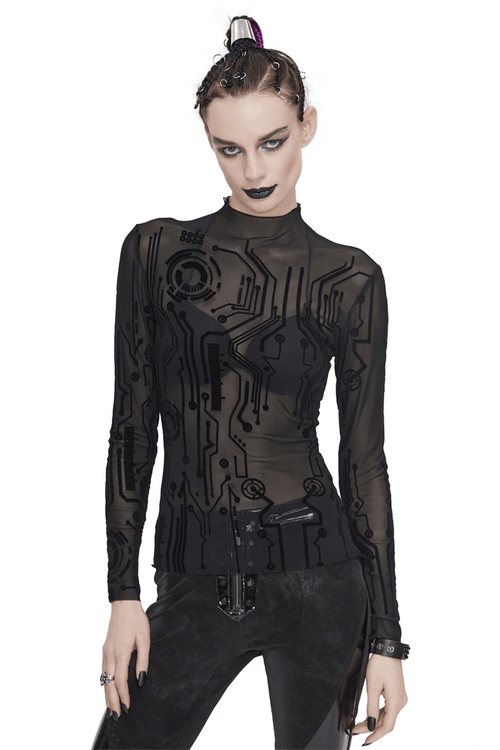 Haut à manches longues en filet noir Cyberpunk pour femmes / hauts à encolure haute pour femmes sexy avec motif spécial