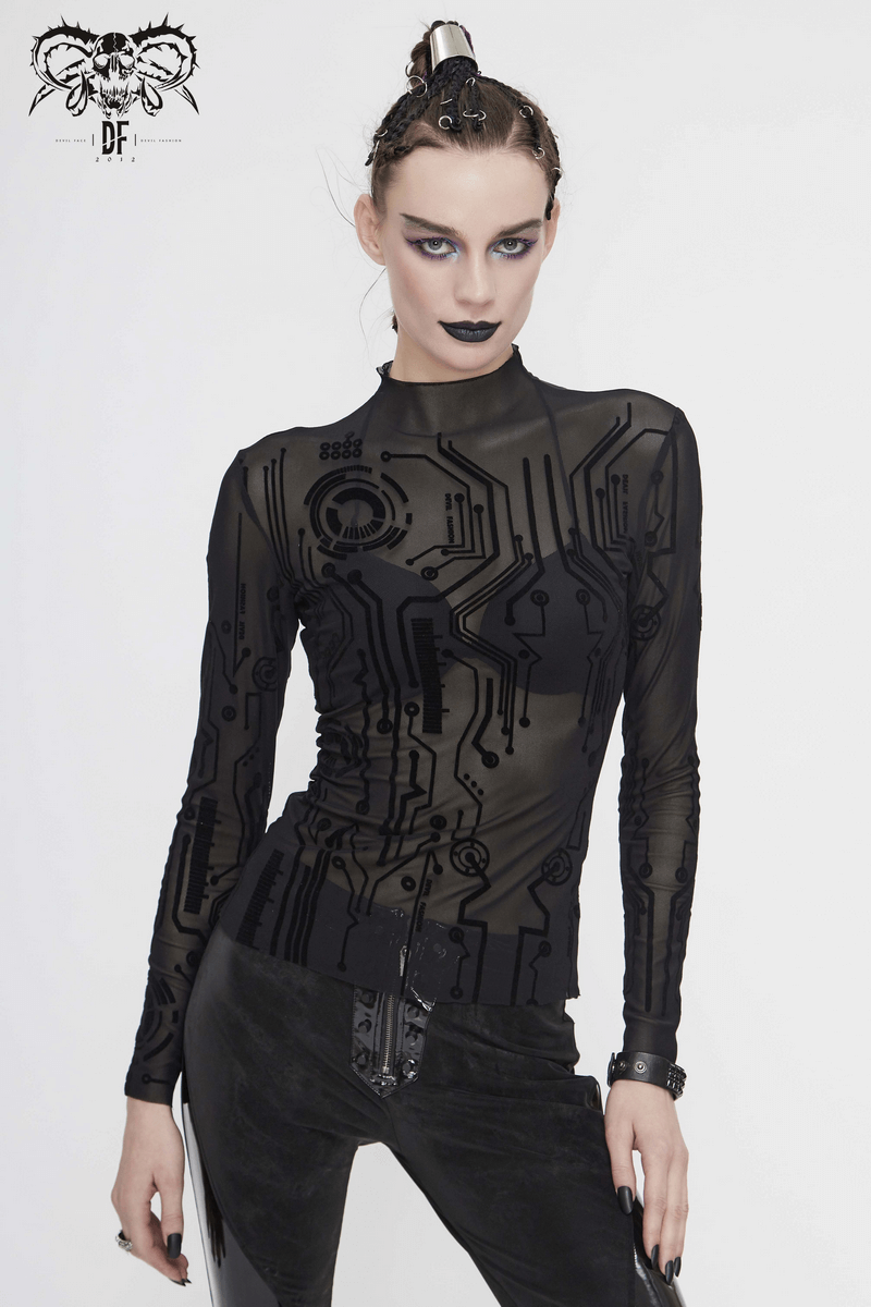 Black Cyberpunk Net Long Sleeve Top For Women / Sexy Ladies High Neckline Tops with Special Pattern - HARD'N'HEAVY