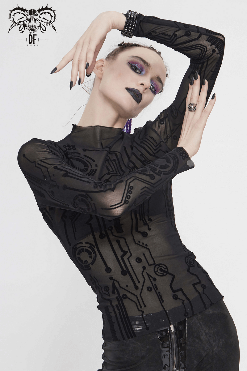 Black cyberpunk net long sleeve top for women, featuring a futuristic pattern and high neckline, perfect for a trendy wardrobe.