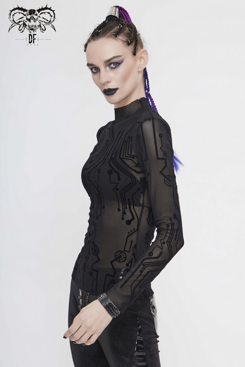 Black long sleeve cyberpunk top for women featuring a futuristic circuit pattern.