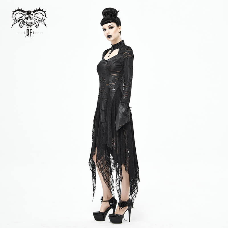 Women’s long black 'Dragon Spine' gothic dress with lace details and irregular hem, perfect for a dark wardrobe.