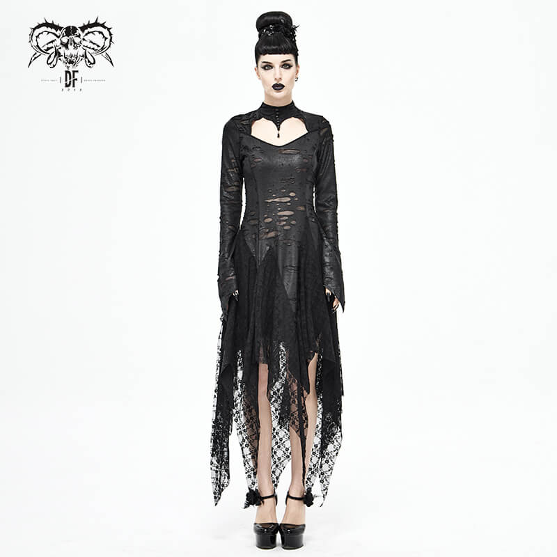 Model wearing a black 'Dragon Spine' Gothic dress with lace details and irregular hem, perfect for a dark shadow aesthetic.