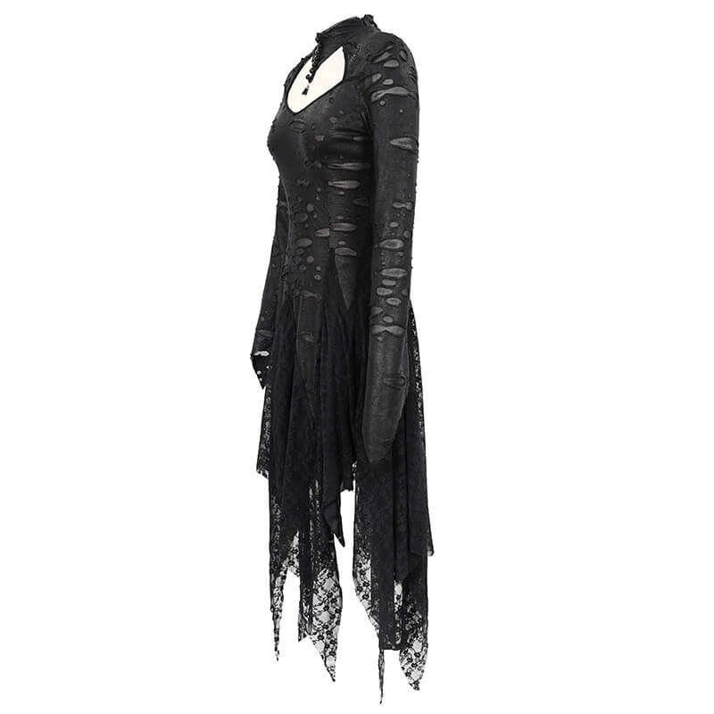 Black 'Dragon Spine' Gothic Dress with long sleeves and irregular hem, showcasing lace and torn details for a dark, elegant look.