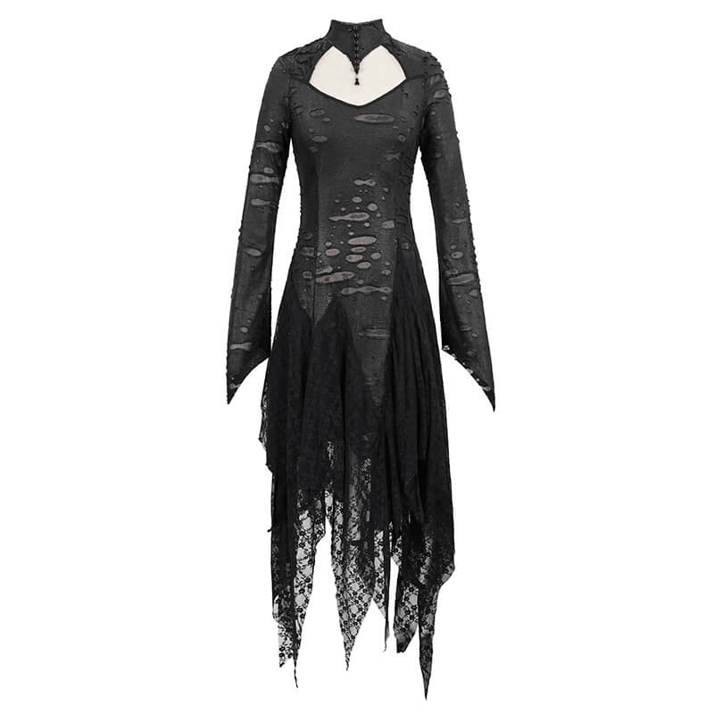 Black 'Dragon Spine' Gothic Dress featuring lace details and unique torn inserts for a striking silhouette.