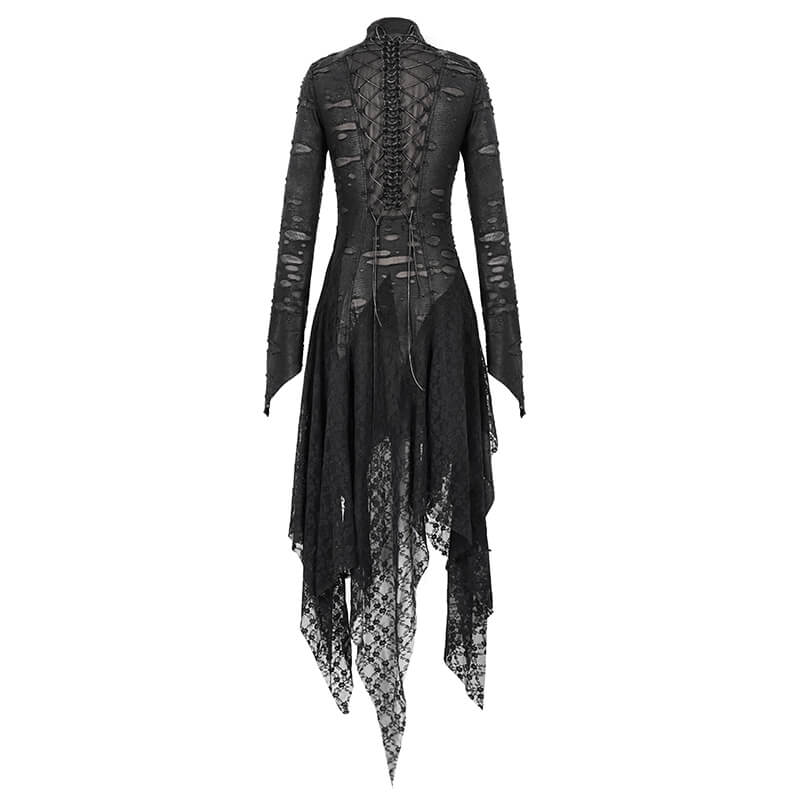 Back view of the Black 'Dragon Spine' Gothic Dress featuring lace details and an irregular hem for a stunning dark aesthetic.