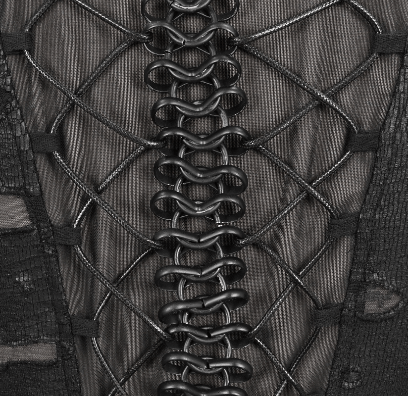 Close-up of the intricate lace-up design on the back of a black gothic dress, showcasing its elegant detailing.