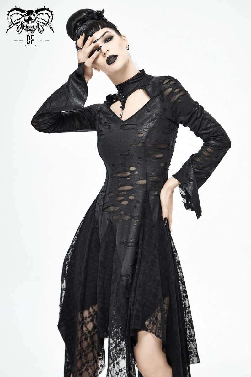 Black 'Dragon Spine' Gothic Dress / Women's Dark Shadow Long Sleeve Irregular Hem Dress - HARD'N'HEAVY