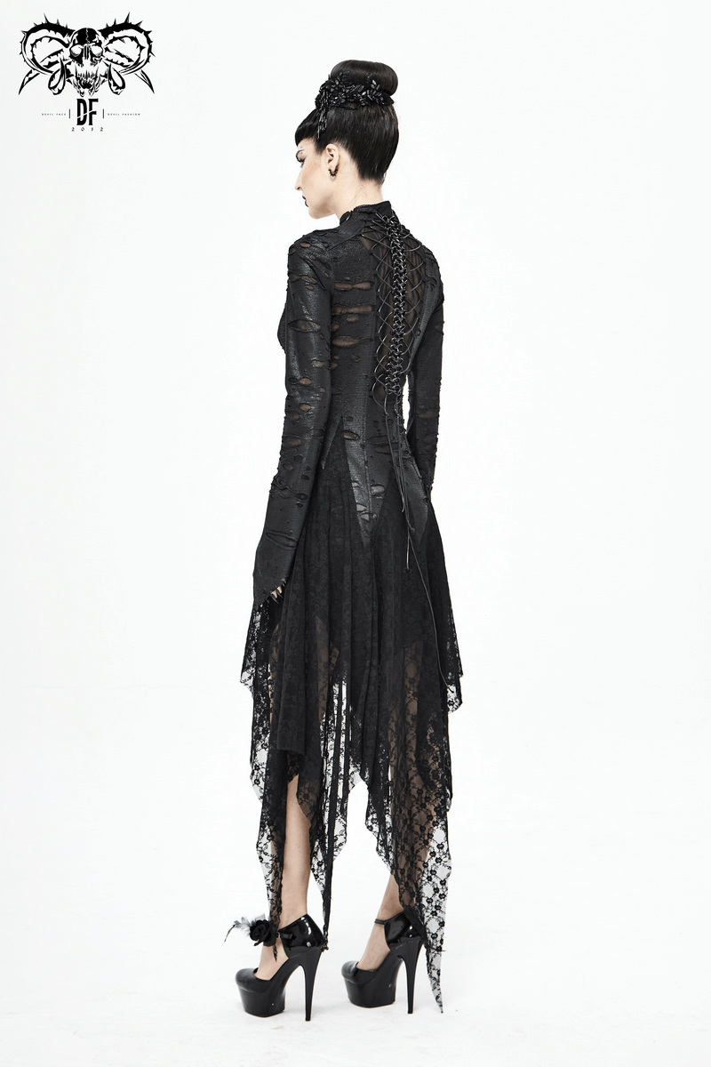 Back view of a model in a black 'Dragon Spine' Gothic dress with lace and irregular hem, perfect for a dark fashion statement.