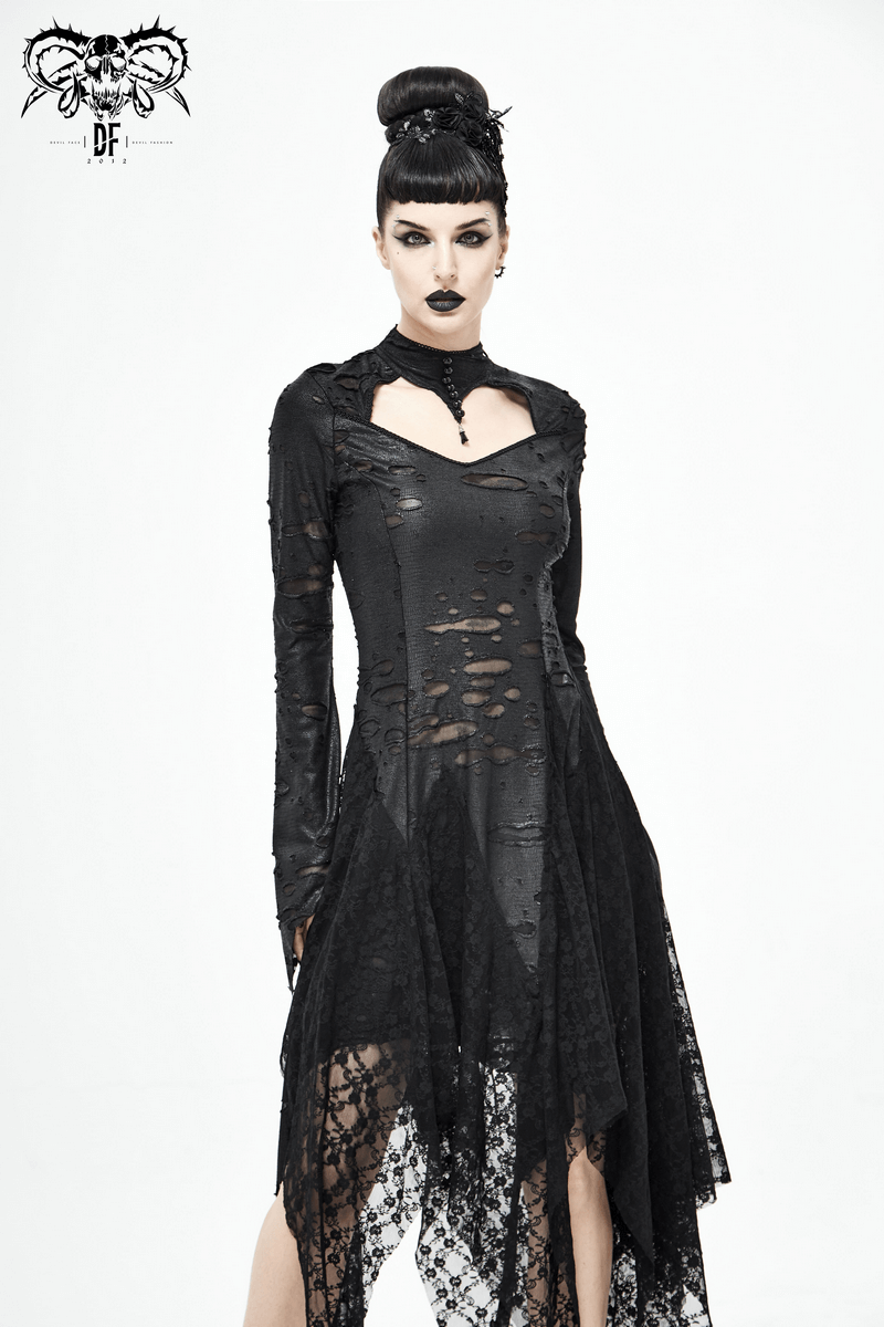 Black 'Dragon Spine' Gothic Dress / Women's Dark Shadow Long Sleeve Irregular Hem Dress - HARD'N'HEAVY
