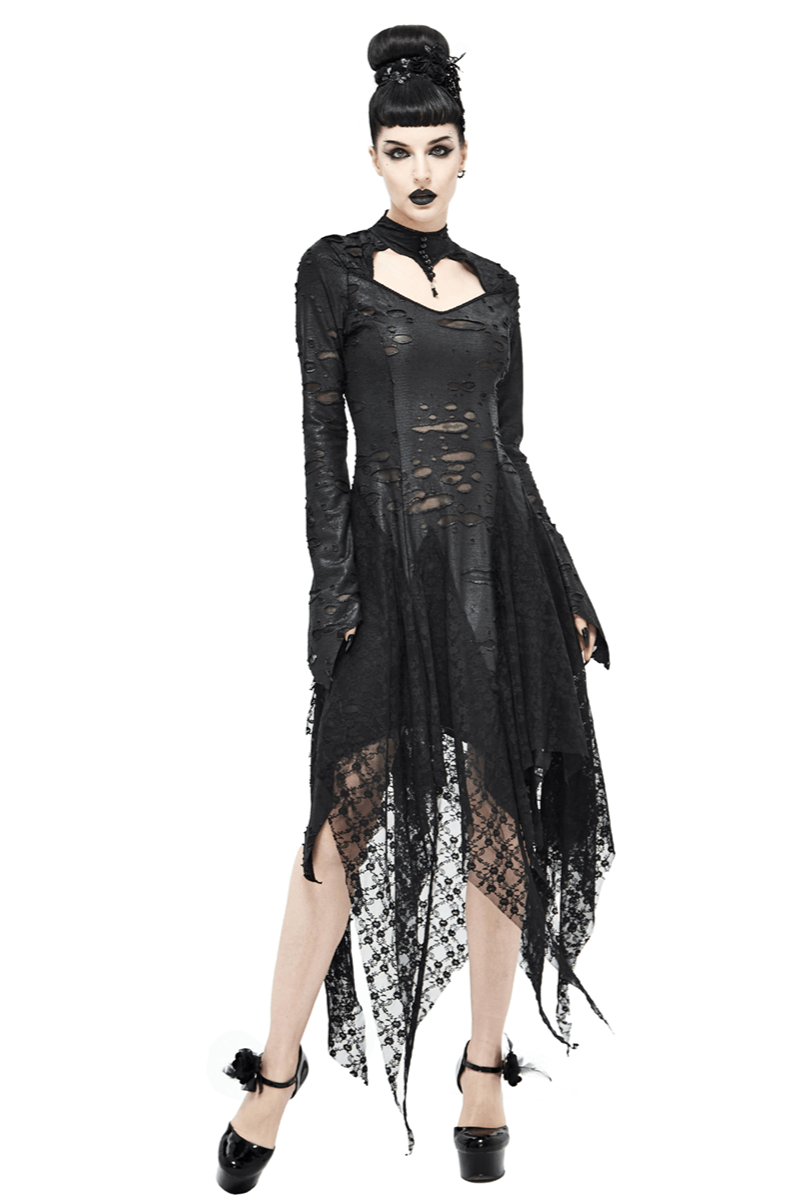 Women's Black 'Dragon Spine' Gothic Dress with lace and irregular hem, perfect for a dark fashion statement.
