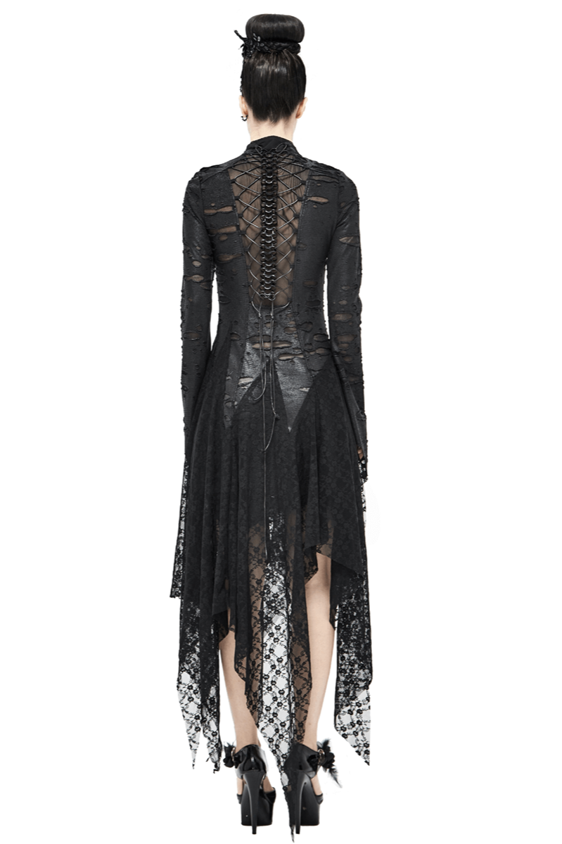 Back view of a black 'Dragon Spine' Gothic dress with lace details and irregular hem, showcasing unique torn inserts.