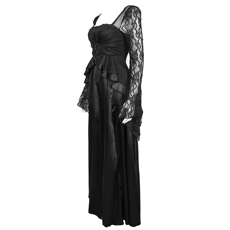 Elegant black long dress with square neck and lace sleeves, perfect for a retro styled wardrobe.