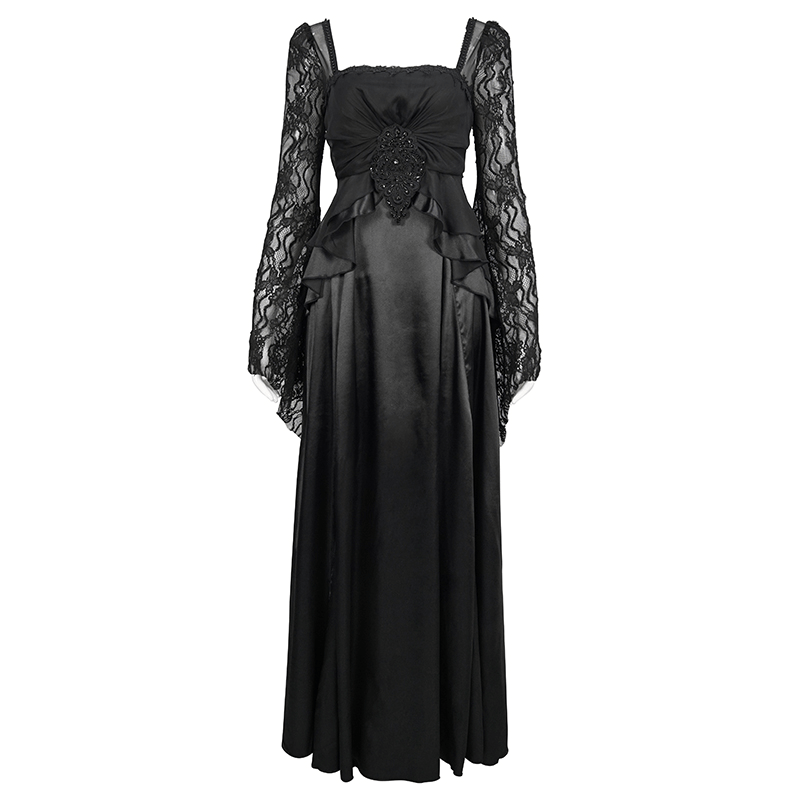 Elegant black retro appliquéd long dress with square neck and lace sleeves, perfect for stylish women's wardrobes.