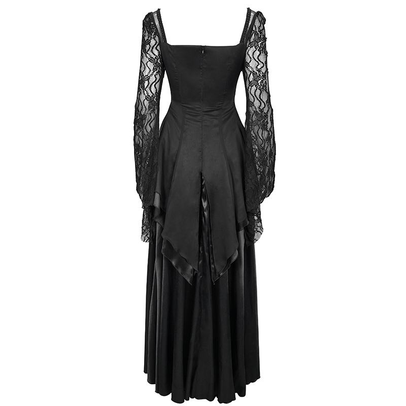 Back view of a black elegant retro appliquéd long dress with square neck and lace sleeves, showcasing its sophisticated design.