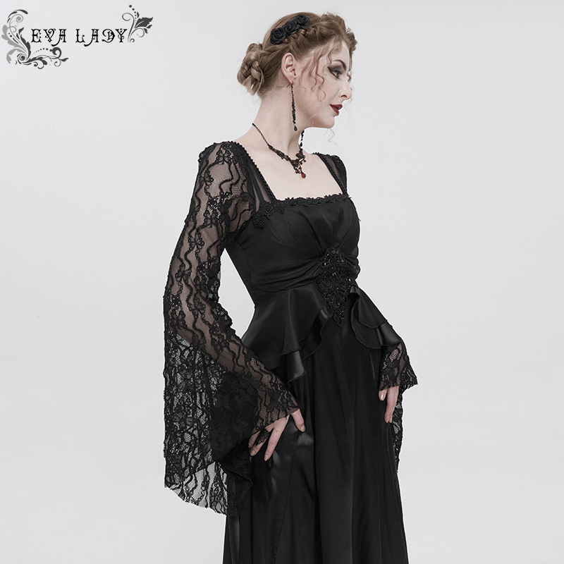 Black Elegant Retro Appliqued Long Dress / Women's Square Neck and Long Trumpet Lace Sleeves Dress