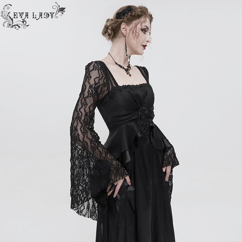Elegant black long dress with square neck and lace sleeves, perfect for a retro-inspired wardrobe.