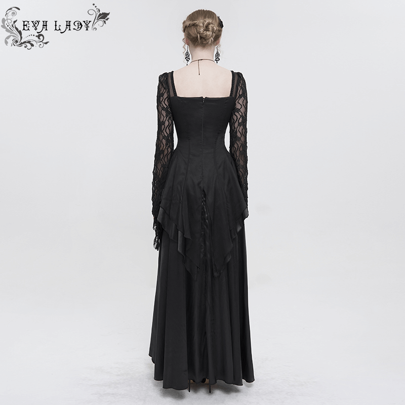 Black Elegant Retro Appliqued Long Dress / Women's Square Neck and Long Trumpet Lace Sleeves Dress