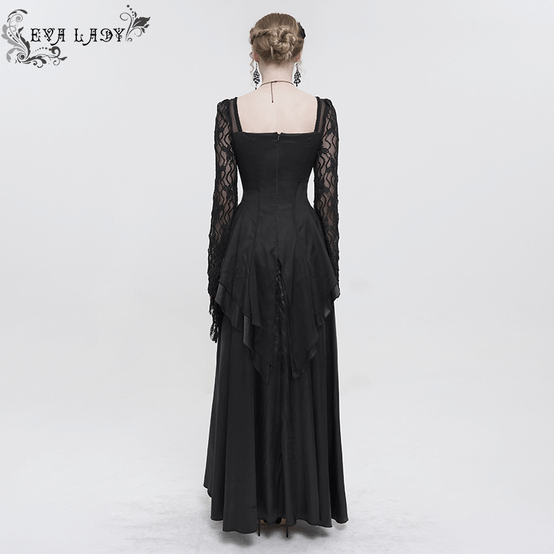 Back view of a black elegant retro women's long dress with square neck and lace sleeves, perfect for a stylish wardrobe.