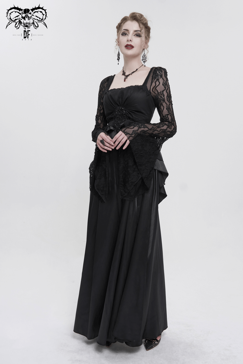 Elegant black long dress with square neck and lace sleeves, showcasing retro style perfect for special occasions.