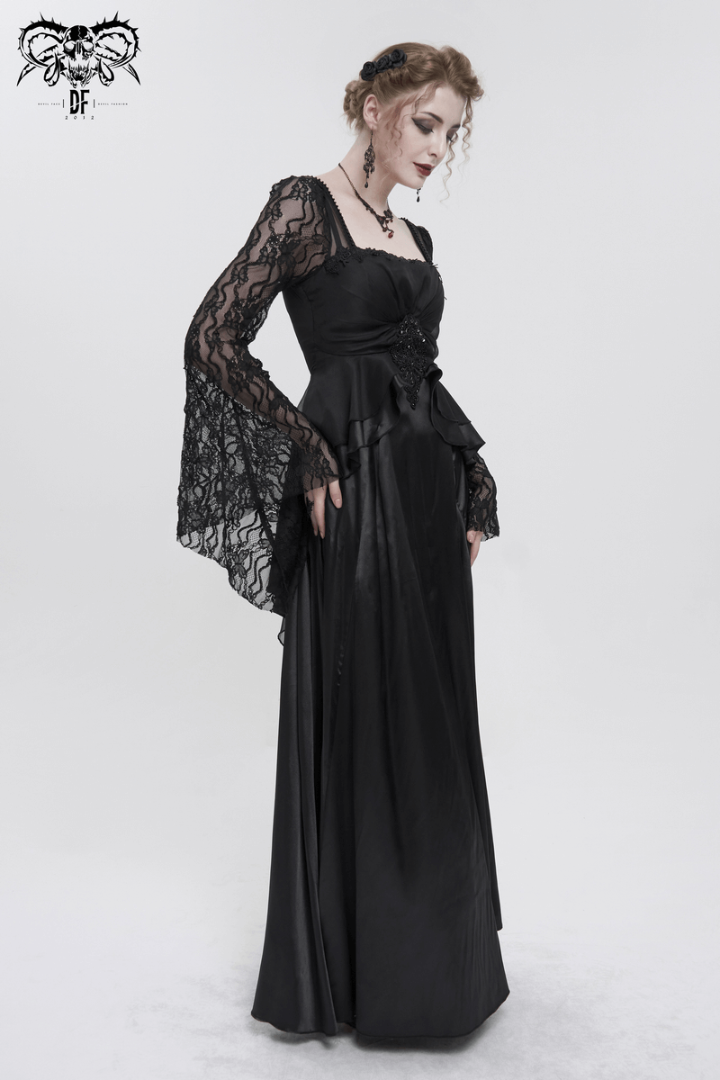 Elegant black retro long dress with square neck and lace sleeves, showcasing intricate appliqué details.