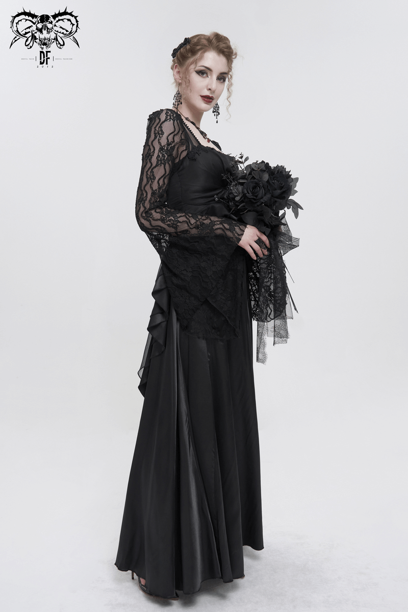 Elegant black retro long dress with lace sleeves, perfect for formal occasions or special events.