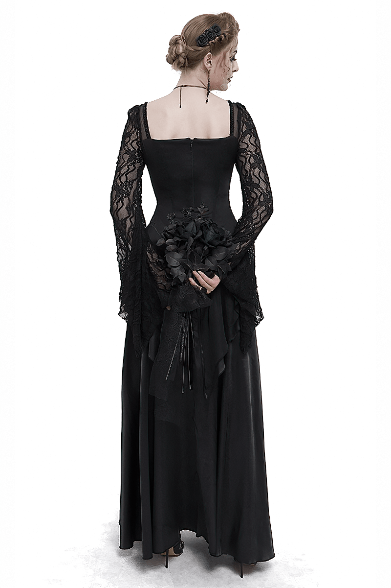 Elegant black retro long dress with lace sleeves, showcasing a square neck design from the back, perfect for special occasions.