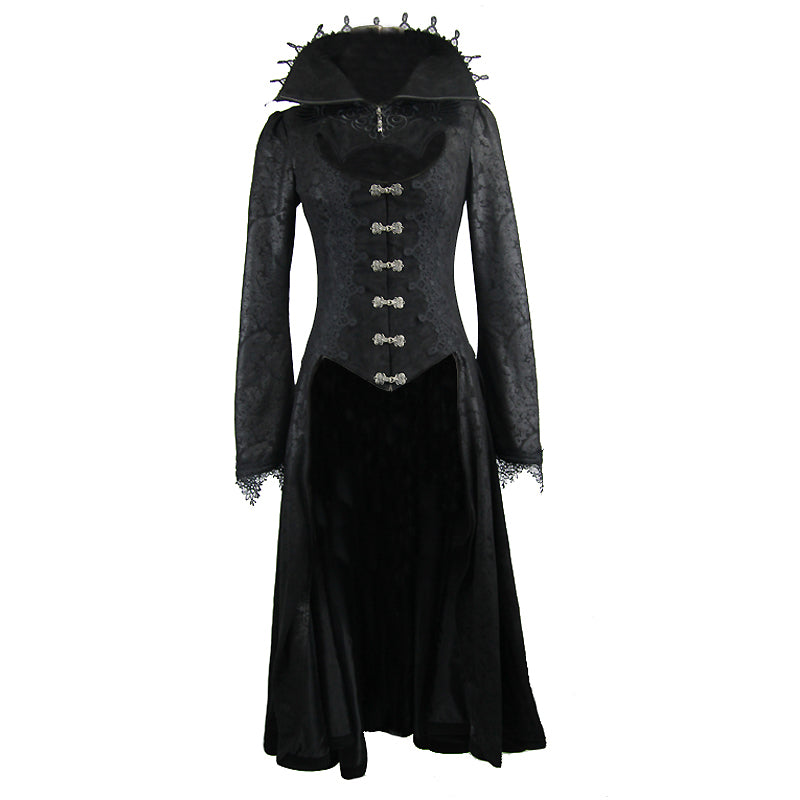 Elegant black embossed Gothic long coat with high collar and lace accents, perfect for alternative fashion lovers.