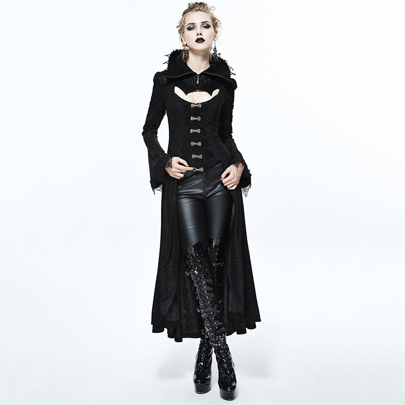 Elegant black embossed Gothic long coat with sexy high collar and flowing silhouette, embodying bold alternative fashion.