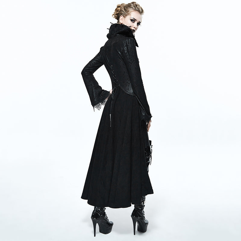 Elegant black embossed Gothic long coat with high collar, showcasing Victorian style and alternative fashion.