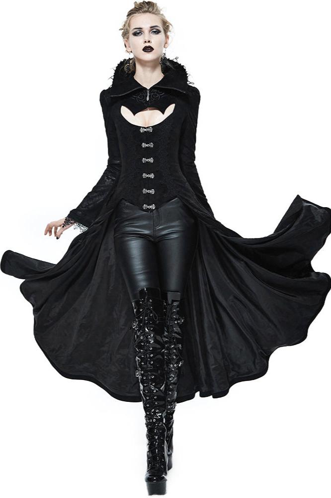 Black embossed Gothic long coat with sexy high collar, flowing silhouette, and lace accents for bold alternative fashion.