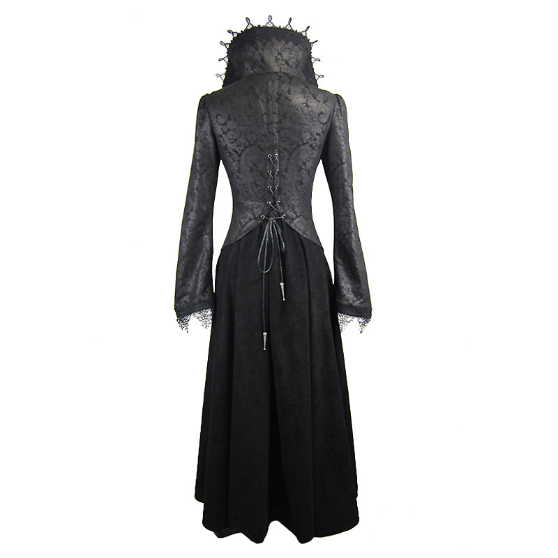 Black embossed Gothic long coat with sexy high collar and lace accents, showcasing a flowing silhouette and Victorian elegance.