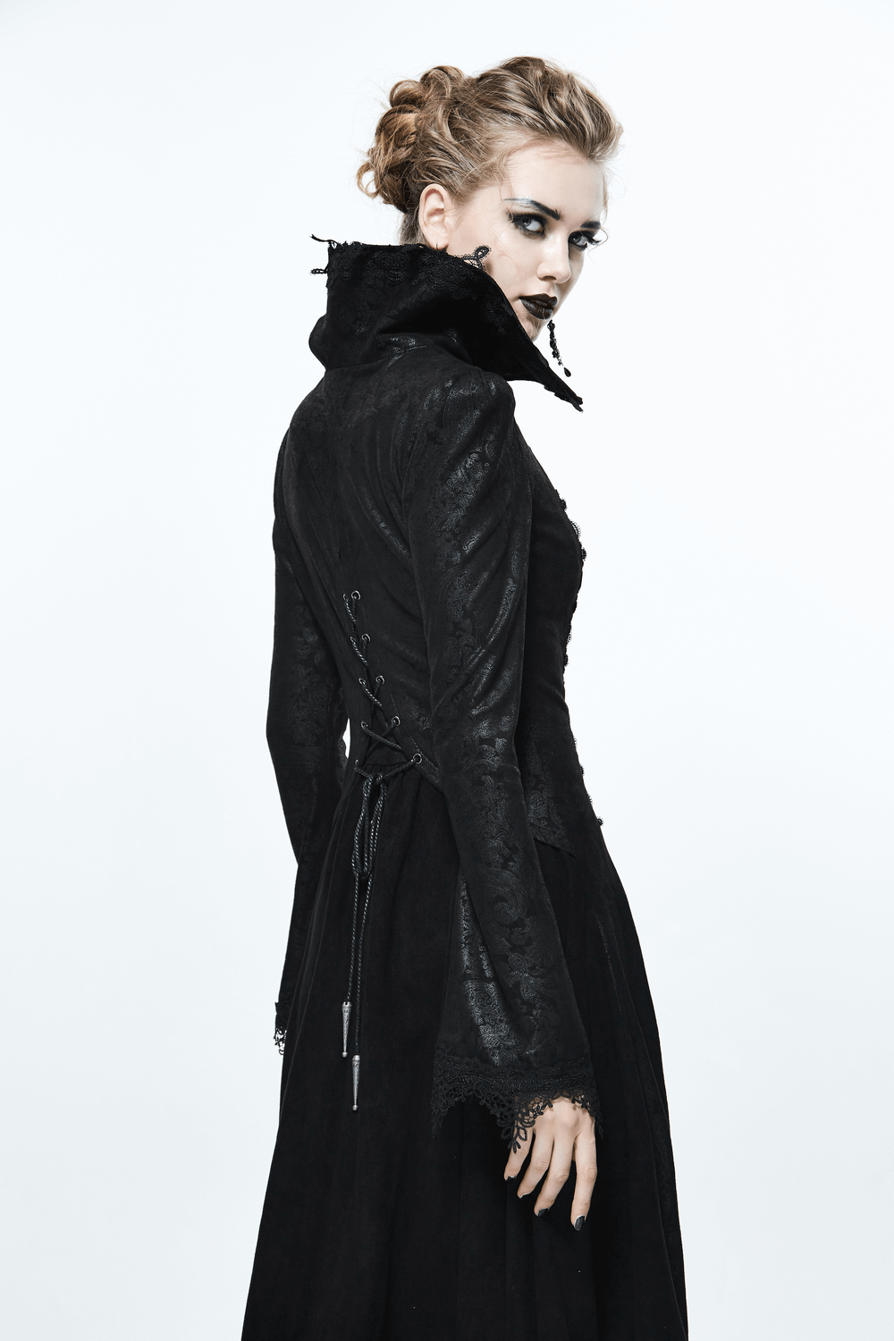 Black Embossed Long Coat in Gothic Style / Sexy High Collar Long Top - HARD'N'HEAVY